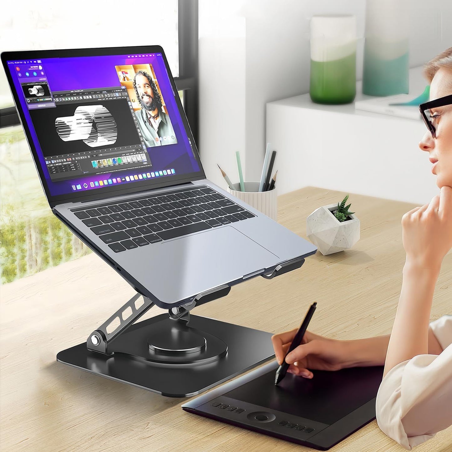 Adjustable Laptop Stand or Desk, Dual oldable Computer Riser with Heat-Vent, Ergonomic Sit to Notebook Holder Convertor, Compatible with All 10-16" Laptops, Tablets, Black