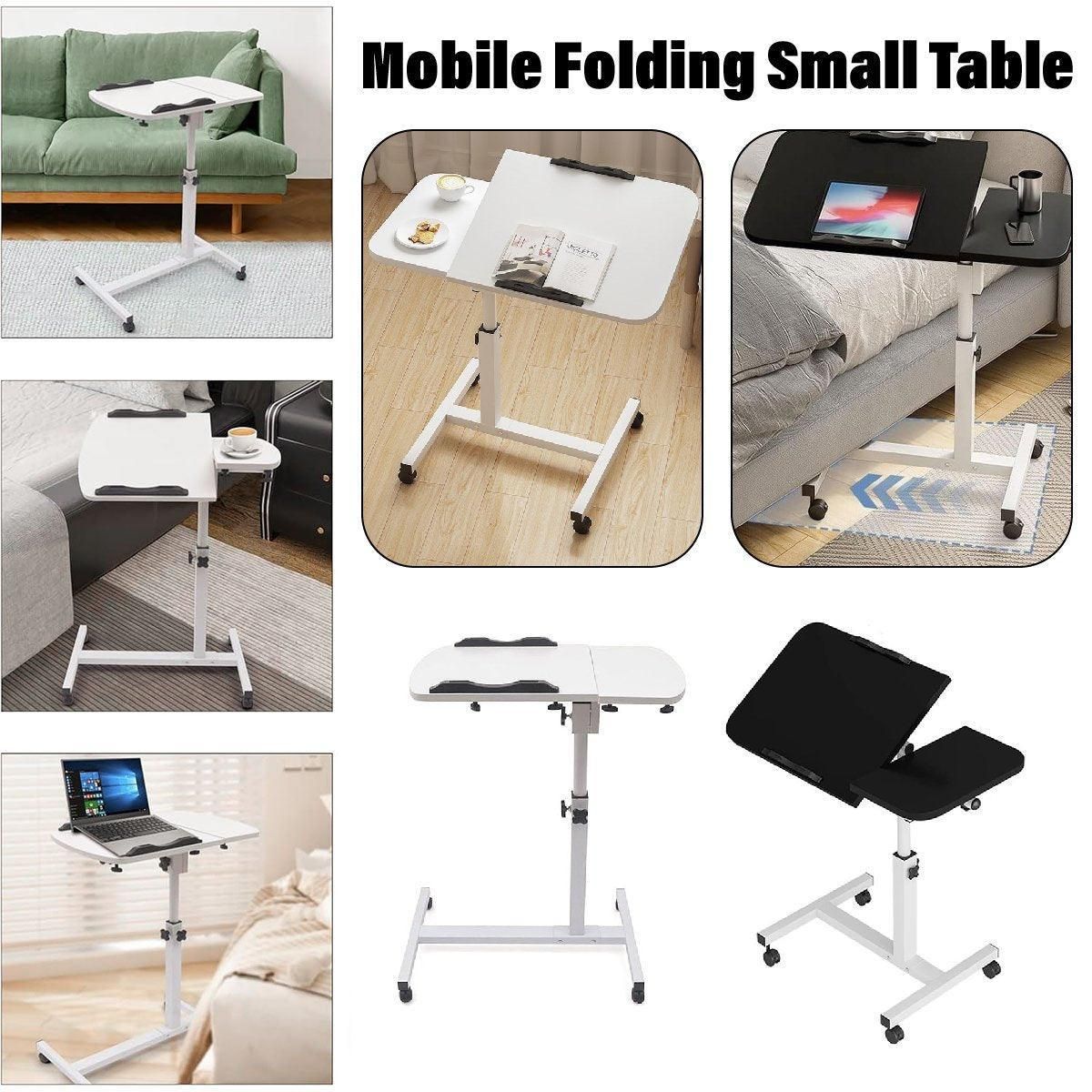 Adjustable Folding Computer Desk Stand Floor-Standing Movable Bedside Table - White