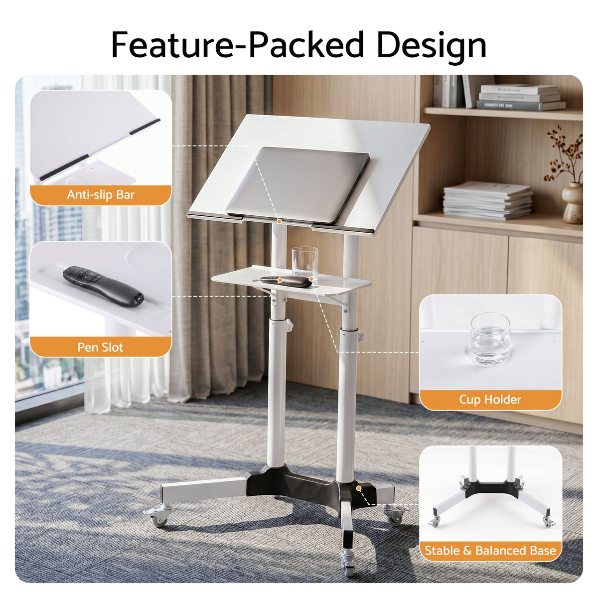 Artiss Mobile Lectern Stand, Adjustable Sit-to-Stand Presentation Podium w/ Wheels White