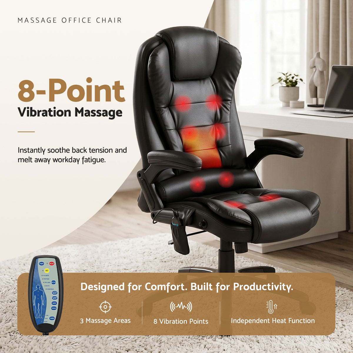 Restora by Officemode – Heated 8‑Zone PU Leather Massage Recliner Chair (Black)