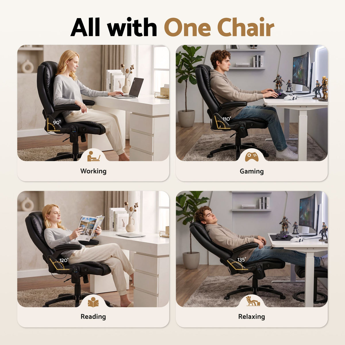 Restora by Officemode – Heated 8‑Zone PU Leather Massage Recliner Chair (Black)