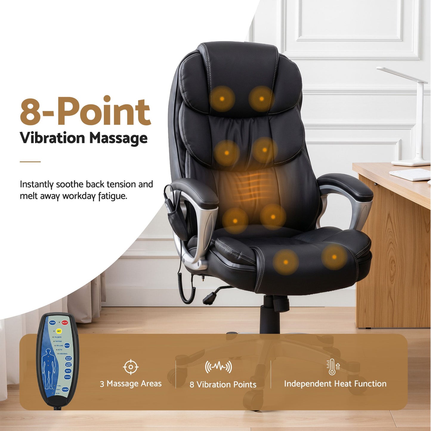 Restora by Officemode – 8‑Zone PU Leather Massage Recliner Office Chair (Black)
