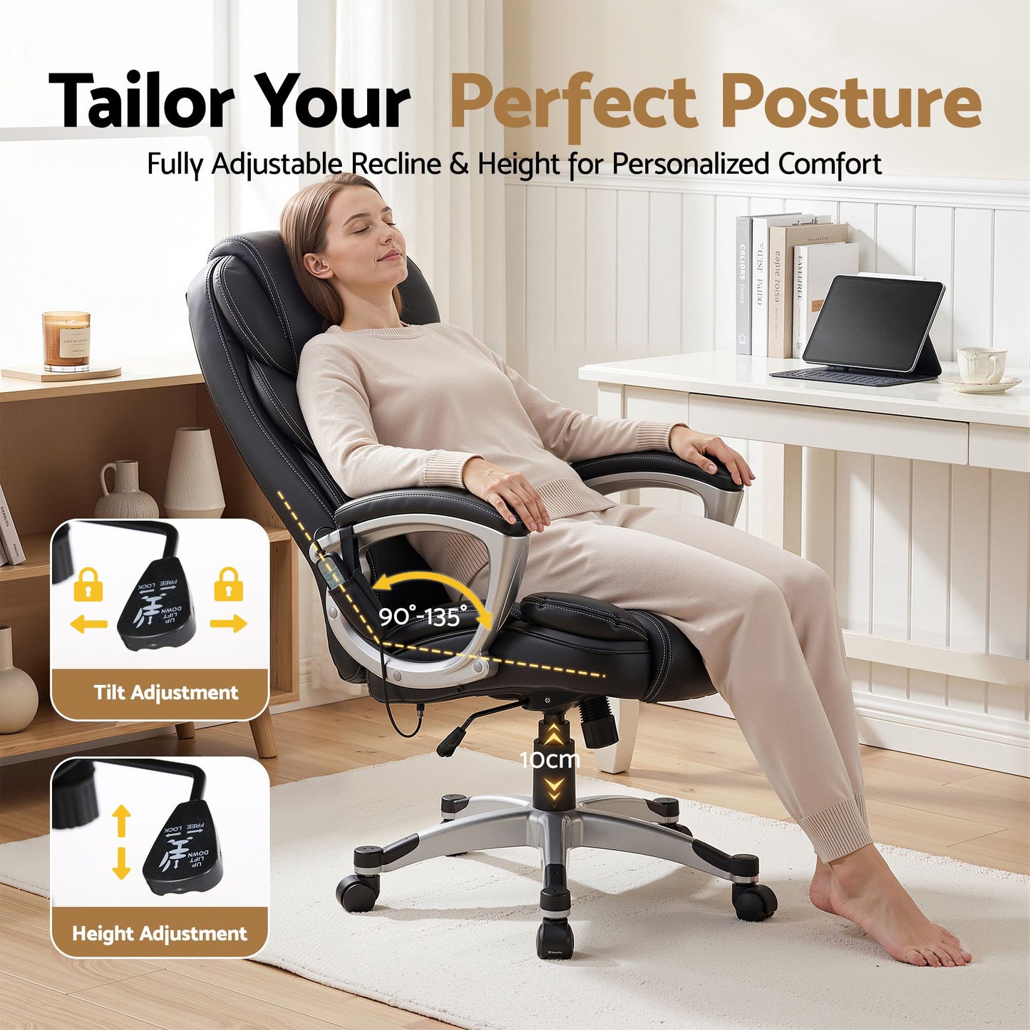 Restora by Officemode – 8‑Zone PU Leather Massage Recliner Office Chair (Black)