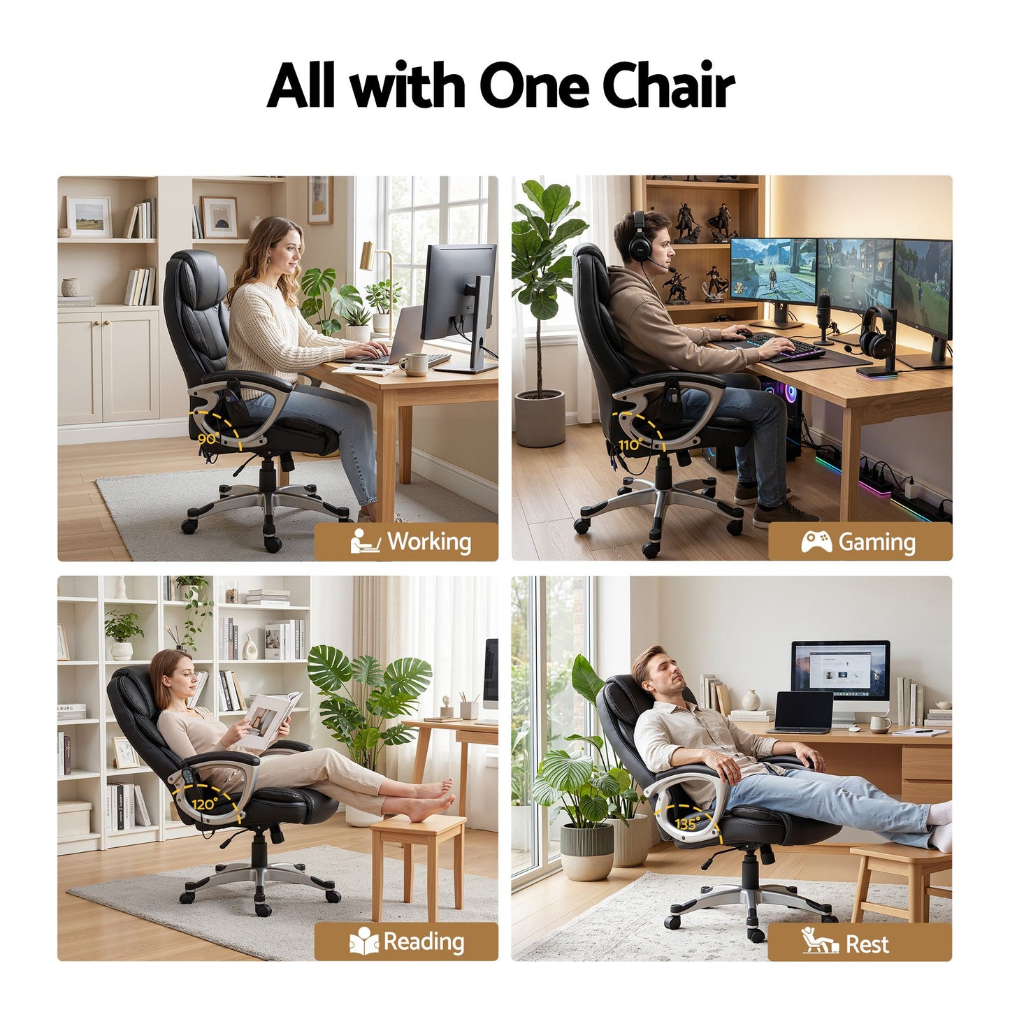Restora by Officemode – 8‑Zone PU Leather Massage Recliner Office Chair (Black)