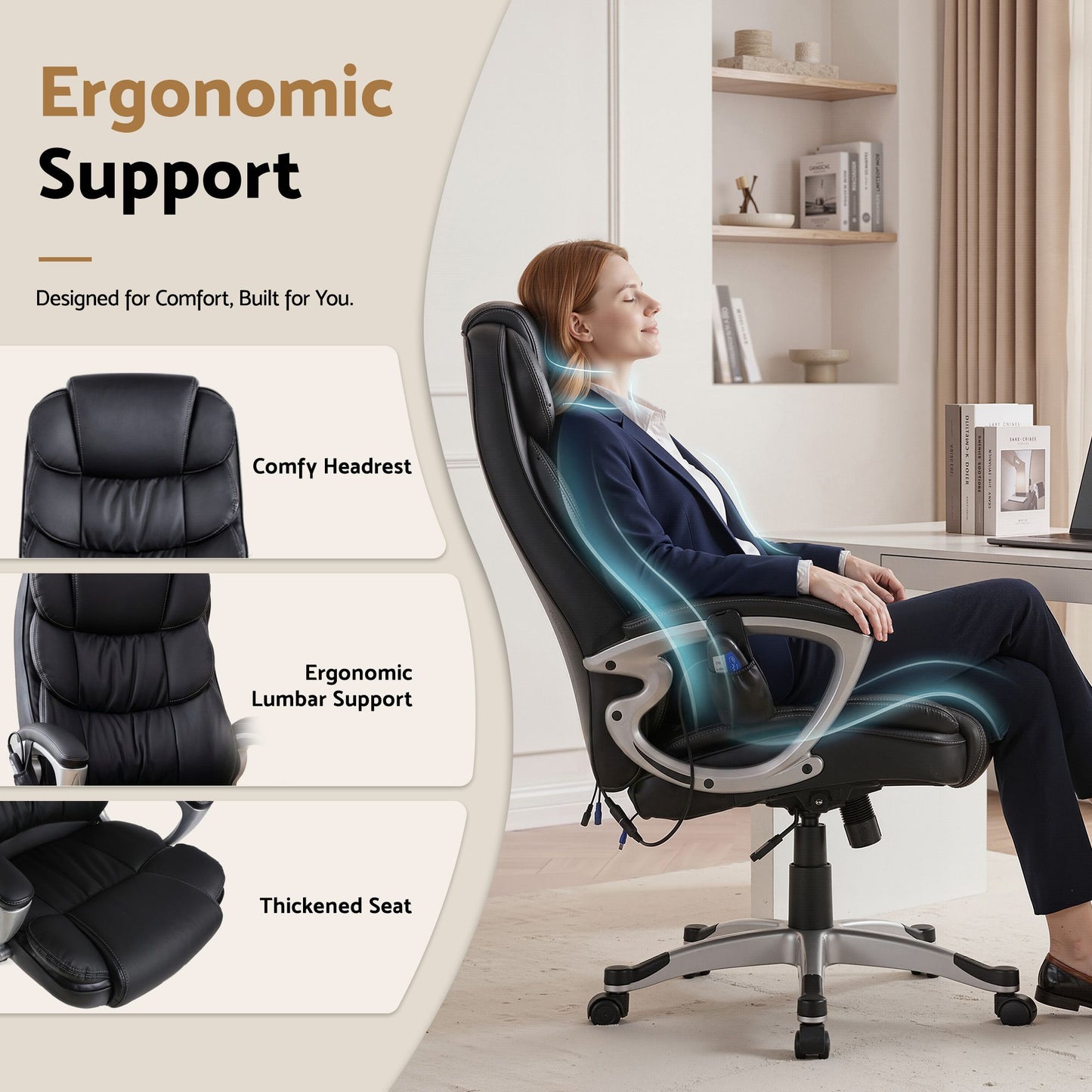 Restora by Officemode – 8‑Zone PU Leather Massage Recliner Office Chair (Black)