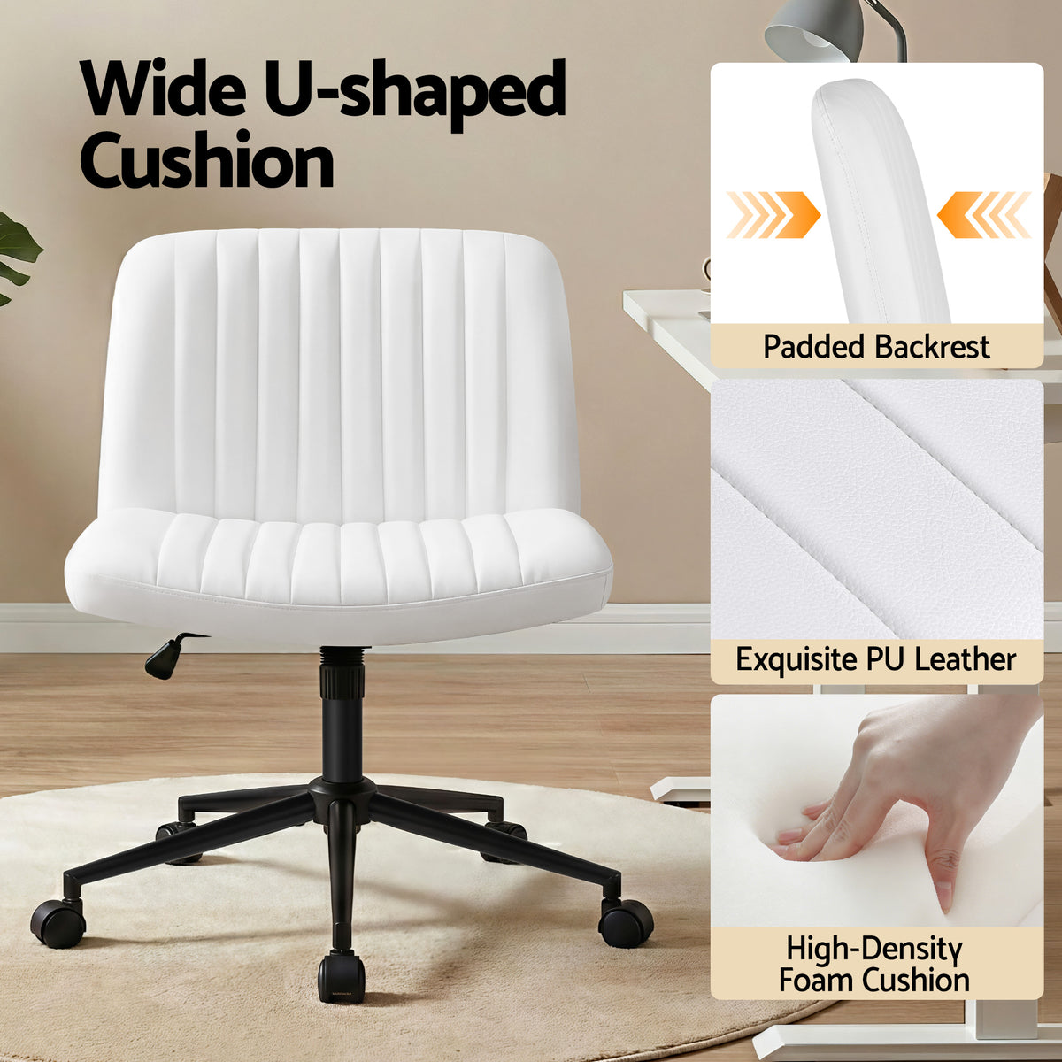 Artiss Criss Cross Chair with Wheels Wide Cross Legged Office Desk Vanity Chair PU Leather, Armless Height Adjustable Swivel Home Office Chair for Home Computer Task, White