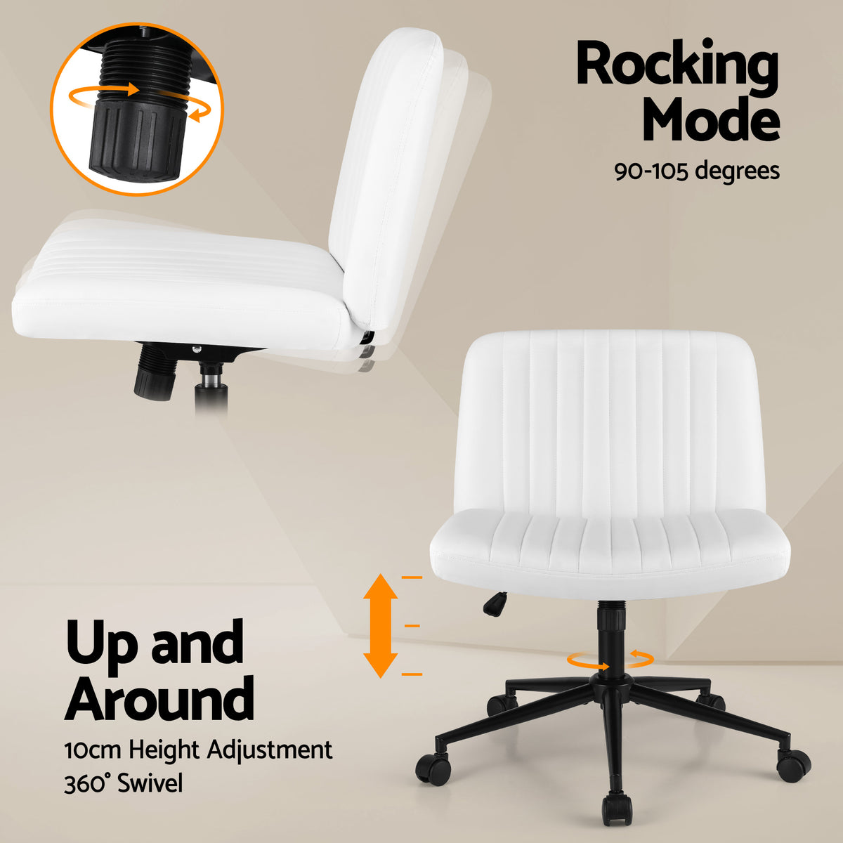 Artiss Criss Cross Chair with Wheels Wide Cross Legged Office Desk Vanity Chair PU Leather, Armless Height Adjustable Swivel Home Office Chair for Home Computer Task, White