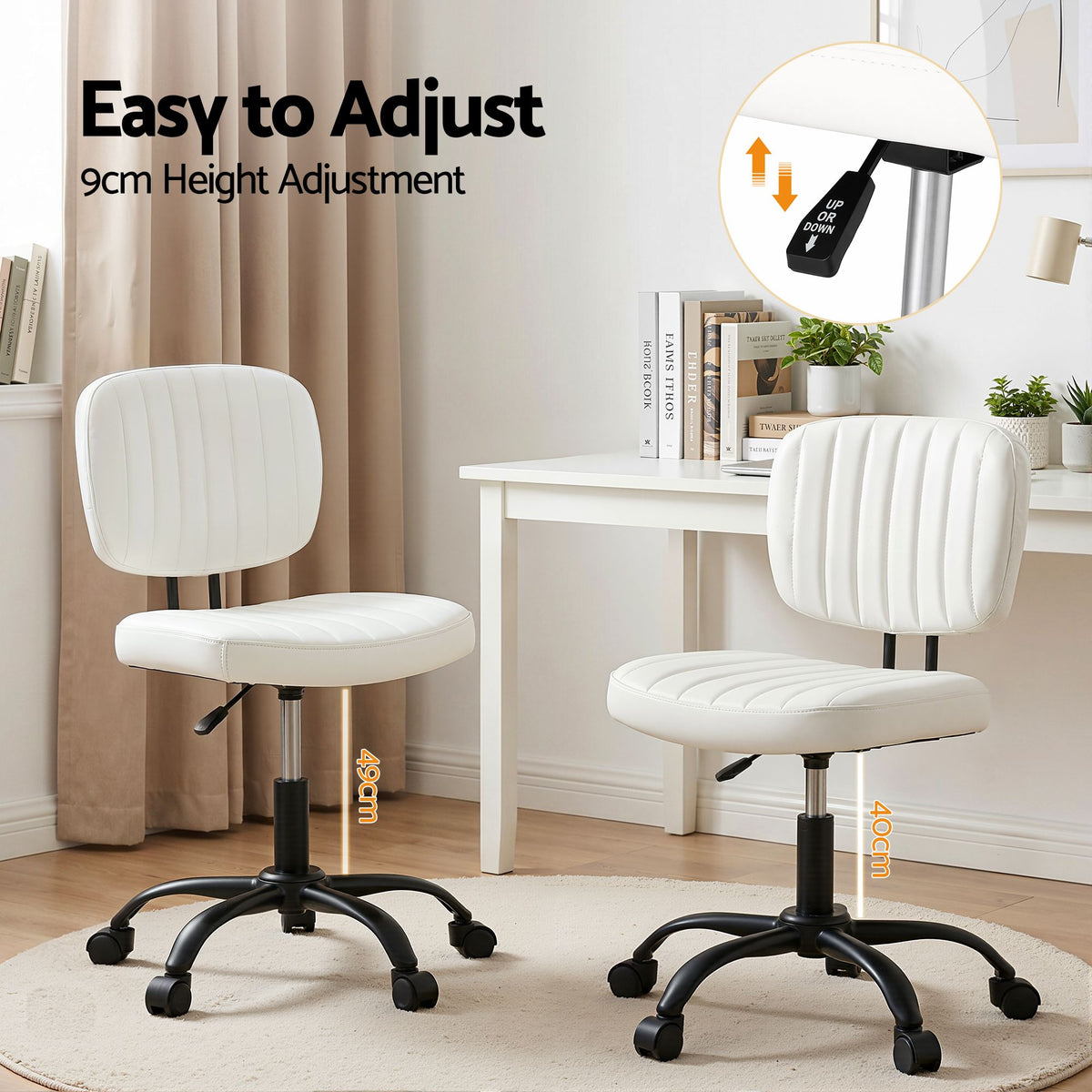 Artiss Armless Office Chair with Wheels, Ergonomic PU Leather Office Desk Chair, Height Adjustable 360° Swivel Computer Task Chair for Home Office, Study Room & Small Space, White