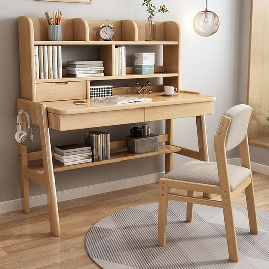 Ave Solid Wood Study Desk with Shelf and Drawers/Bookcase/Rubberwood/Pink