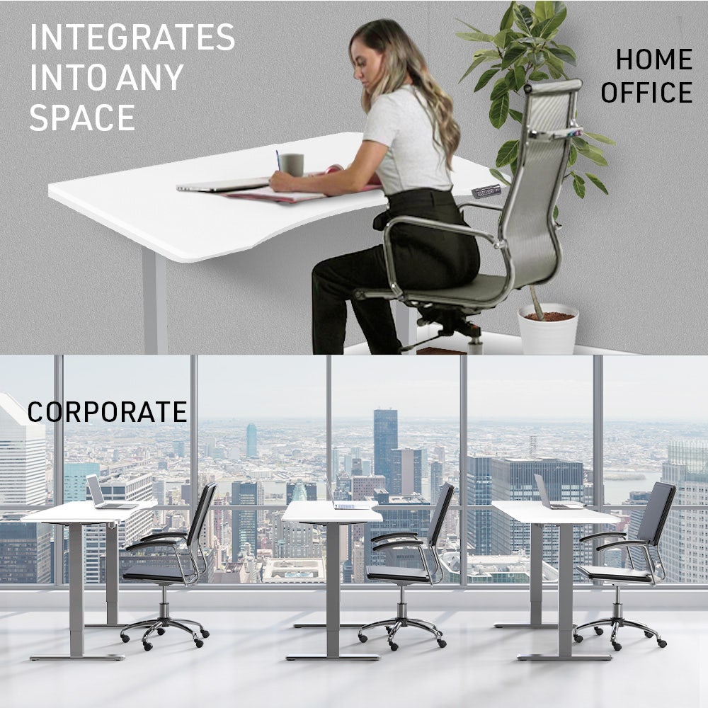 FORTIA Sit To Stand Up Standing Desk, 150x68cm, 72-118cm Electric Height Adjustable, Ergonomically Curved Edge, 50kg Rated, White/Silver Frame