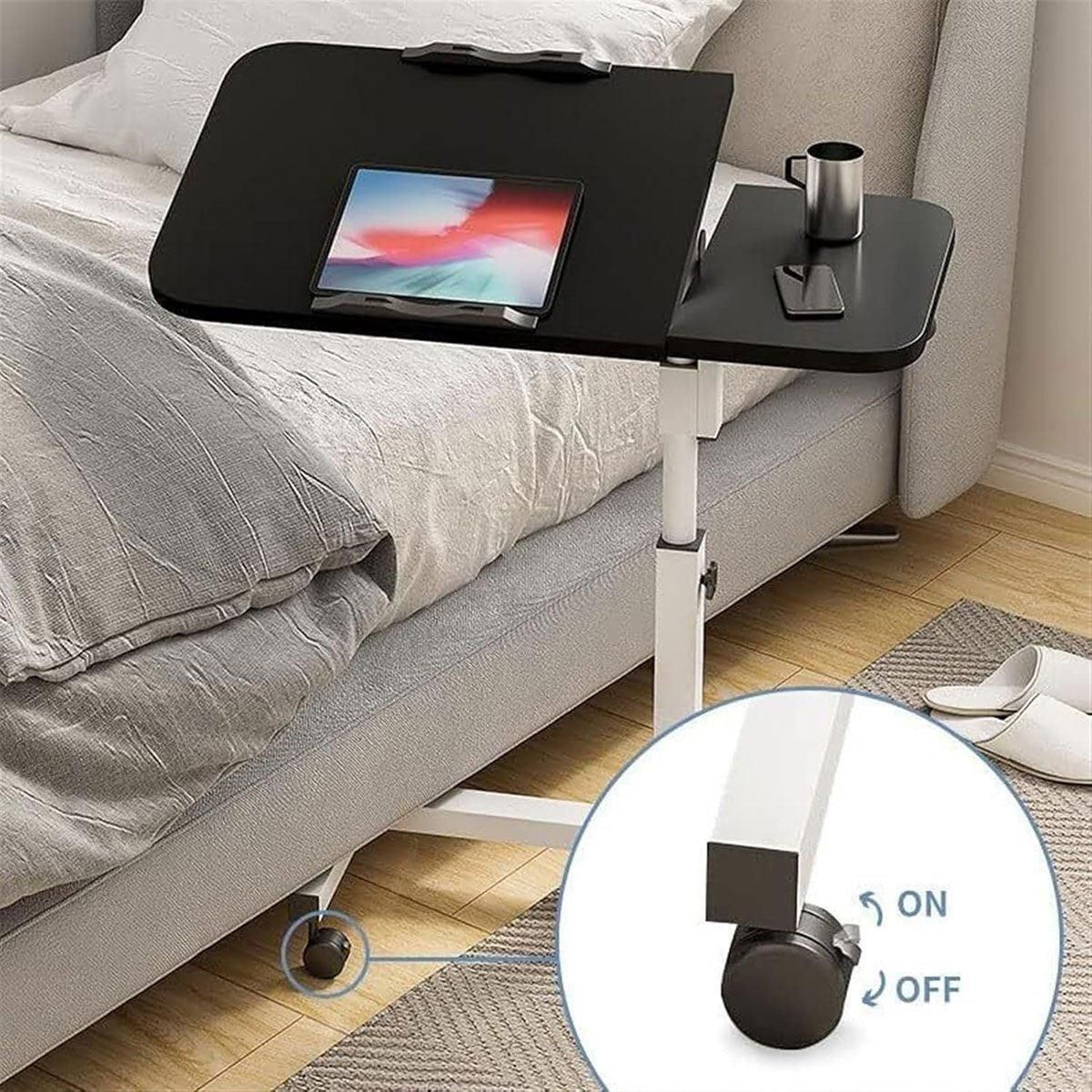 Adjustable Folding Computer Desk Stand Floor-Standing Movable Bedside Table - White