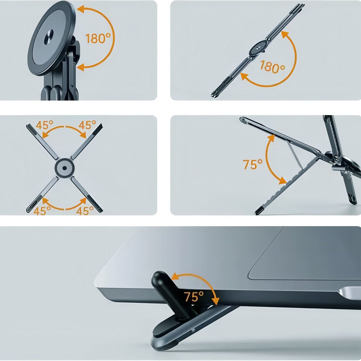 Gray Foldable Magnetic Phone & Tablet Stand Aluminium Alloy Laptop Holder Adjustable Desktop Stand for Mobile Phone, Tablet and Notebook
